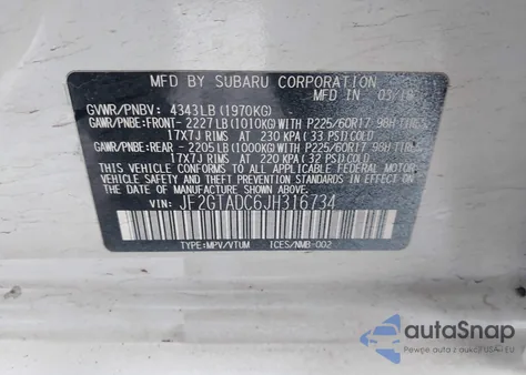 2018 Subaru Crosstrek 2.0I Premium from USA, damaged, VIN JF2GTADC6JH316734